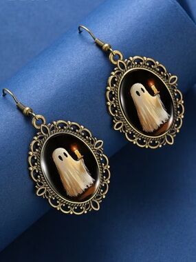 Antique Bronze Ghost Drop Earrings - White Ghost with Candle